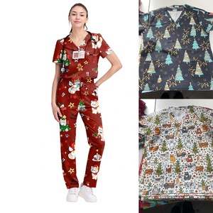 2025 OEM Custom Design Cotton Polyester Uniforms Halloween Beautiful Hospital <strong>Scrubs</strong> Women Nurse Printed Character <strong>Scrub</strong> <strong>Top</strong> - Product Image 1