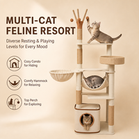 Arbre à chat moderne en bois massif avec poteaux à gratter en corde de sisal, emballage carton, hamac pour chat, plateformes multi-niveaux, OEM/ODM