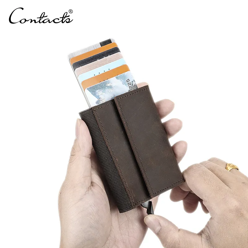 CONTACT'S Real Leather Card Holder Wallet Men Automatic Pop Up ID Card Case Slim Minimalist RFID Blocking Male Pop Up Wallet