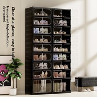 Meuble à chaussures pliable en plastique transparent noir, double rangée, grande capacité, multifonction, portes coulissantes magnétiques