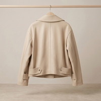 Blouson moto en peau de mouton pour femme, col large, poches plaquées contrastantes jaunes, double bouton-pression argenté, coupe ample, court, décontracté, en cuir
