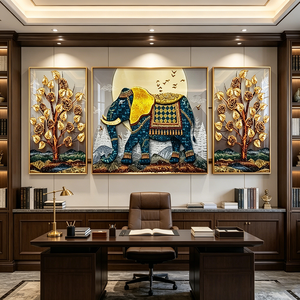 Factory Wholesale Hot Sale 3 Panels <b>Framed</b> Wall Art Auspicious Elephant Golden Money Tree Gold Rose Crystal Porcelain <b>Painting</b> - Product Image 1