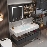 Ensemble de coiffeuse moderne gris clair avec lavabo en céramique mural et miroir à LED pour usage hôtelier