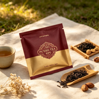 Sachet d'emballage alimentaire plat écologique à trois soudures latérales, petit sachet de thé avec encoche de déchirement et fermeture éclair