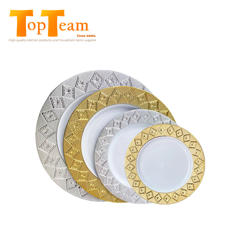 Piatti usa e getta da 9 pollici per matrimonio piatto decorato in plastica per feste piatto in rilievo personalizzato con bordo in oro bianco