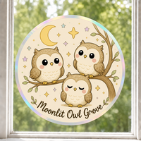Autocollants personnalisés imperméables en PVC vinyle, autocollant décoratif électrostatique pour fenêtre, hibou kawaii, lune, étoile, imprimé UV, autocollant mural en verre