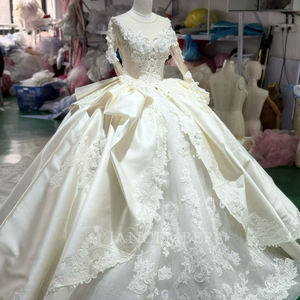 For XS247 Modern <b>Long</b> Chapel Train Full Sleeve Satin Embroidery Flower Wedding Empire <b>Gowns</b> <b>Dresses</b> for Women - Product Image 2