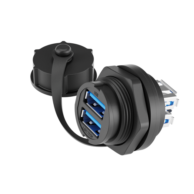 LSHITECH M25.2 IP67 Waterproof Dual USB 3.0 Panel Mount Connector, 5Gbps for Industrial Automation