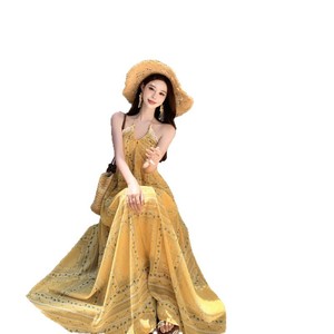 เดรสสายเดี่ยวผูกคอสำหรับผู้หญิง ชุดคลุมชายหาดฤดูร้อน ยาว สง่างาม สวมใส่สบายๆ สำหรับวันหยุด ระบายอากาศได้ดี เอวเข้ารูป - Product Image 5