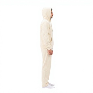 Men's <b>Cream</b> Hooded Tracksuit Full Sleeve Solid Color Cotton Casual Wear with Side Pockets Regular Fit Autumn Style - Product Image 4