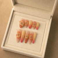Faux ongles longs en forme de cercueil, faits à la main, sculptés en 3D, motif floral, dégradé coucher de soleil orange-rouge, réutilisables, vente en gros