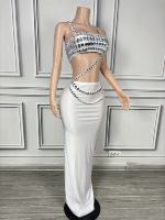 Ensemble de tenues 2 pièces avec gilet en strass blanc de créateur, jupe longue, robe de soirée d'anniversaire et de vacances pour femmes, tenue de club, robe de soirée de bal