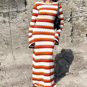 NUOVO <span class=keywords><strong>Abito</strong></span> Lungo da Donna <span class=keywords><strong>in</strong></span> <span class=keywords><strong>Maglia</strong></span> a Righe con Maniche Lunghe, <span class=keywords><strong>Schiena</strong></span> <span class=keywords><strong>Scoperta</strong></span>, Stile Crochet, Vestito Maxi da Spiaggia - Product Image 6