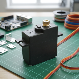 Support de moteur servo à bride noire avec bouton en laiton et sortie à trois fils pour systèmes robotiques et d'automatisation - Product Image 1