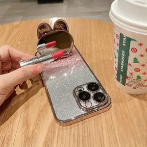 Factory Wholesale Cute Rabbit Makeup Mirror Holder Luxury Glitter Diamond Phone Case For Iphone 15 14 13 12 11 Pro Max Plus