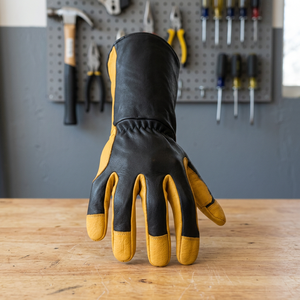 Leather Work Gloves <b>Full</b> Grain Black And Yellow Abrasion Resistant Anti <b>Slip</b> Gathered Cuff General Purpose Safety Gloves - Product Image 5