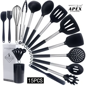 15Pcs Silicone Utensil Set with Holder Silicone Whisk Spatulas Measuring Cups Stainless Steel Handle Silicone Kitchen Gadgets