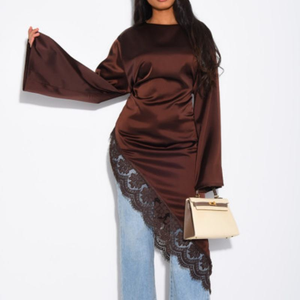 Abbigliamento Islamico 2026 Loriya Abaya Modesto Starlight Asimmetrico in Pizzo e Raso, Abiti da Donna di Dubai, <span class=keywords><strong>Vestito</strong></span> Lungo Modesto con Top in Pizzo - Product Image 4