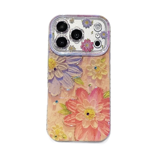 Oil Painting Flower IMD for 17 Pro Max Phone Case with Glitter Rhinestones Shockproof Design for 16 & 15/14 Pro Models