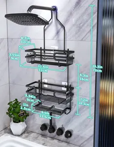 Metal No Drilling Rustproof Waterproof Shower Shelf Organizer Over Shower Head Hanging Shower Caddy W/ 2 Soap Holders 12 Hooks