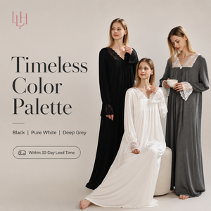 Camisón Largo para Mujer, de Alta Calidad, con Paleta de Colores Atemporal, Suave y Transpirable, con Ribete de Encaje, en Negro, Blanco y Gris, para Venta al por Mayor y Tiendas - Product Image 2