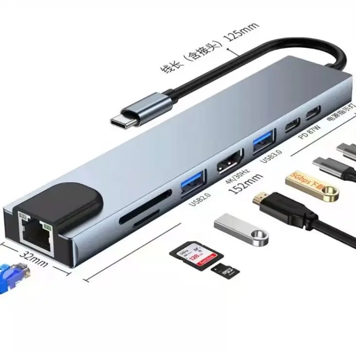 Usb 2.0 3.0 Docking Usb C Hub dengan aluminium Aloi Shell 8 in 1 Port 4K HD PC PD tipe-c usb-c doting Station