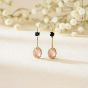 Pink <b>Rose</b> Quartz <b>Black</b> Obsidian Earrings Featuring Oval and Round Faceted Gemstone Drop Design in Sterling Silver or Gold Filled - Product Image 2