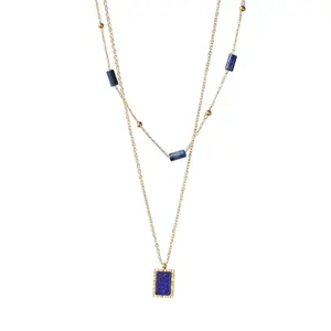 Vintage Lapis Pendant Necklace Stainless Steel Tarnish Free Blue Stone Beads Chain 18K Gold Plated Natural Stone Jewelry