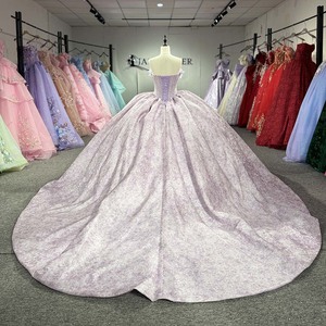 Dy1557 Luxury Lilac Quinceanera Ball Gown 3D Floral Trim Pleated Bodice <b>Silver</b> Damask Jacquard Skirt Jancember - Product Image 3