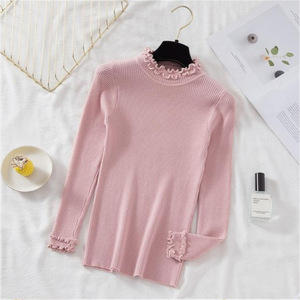 Venta al por mayor Otoño e Invierno Nuevo Slim-Fit Medio cuello alto Suéter Mujer Manga larga con borde de volantes apretado Camiseta de punto - Product Image 6