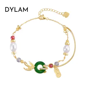 Dylam 2024 nuovo arrivo 925 in pietra verde gioielli in argento placcato in oro 22K bracciale di perle portafortuna calcedonio bracciali donne