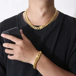 Hip hop-gargantilla de acero de titanio para hombre, cadena cubana de miami, Gargantilla hueca, collar de joyería chapada en oro, cadenas de eslabones cubanos