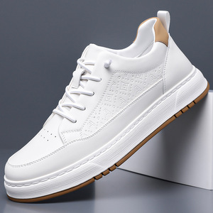 Baskets blanches épaisses en cuir pour hommes, chaussures décontractées à semelle épaisse, à lacets, style sport, pour les loisirs - Product Image 1