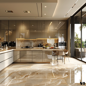 Juego de Muebles de Cocina Modulares Modernos de Lujo con Acabado Brillante, Isla de Mármol e Iluminación LED, Chapa de Madera <span class=keywords><strong>para</strong></span> Comedor, Garantía de 5 Años - Product Image 1