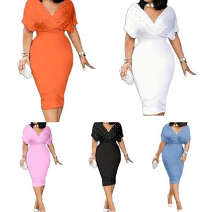 Vestido Casual de Fiesta para Mujer, Nuevo, Color Sólido, Cuello en V, Manga Corta, Espalda Drapeada con Cierre, Estilo Burbuja, para Verano - Product Image 1
