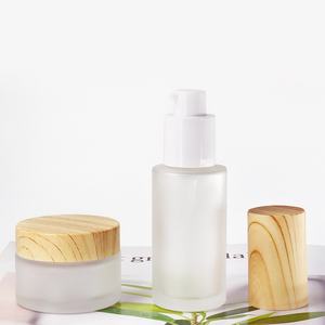Empty Refillable Frosted <b>Glass</b> Cosmetic Cream Lotion Pump <b>Bottles</b> <b>With</b> Wood Grain <b>Lid</b> for Emulsion Essence Liquid - Product Image 3