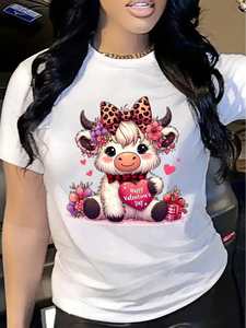 T-shirt da donna con stampa mucca di San Valentino, manica corta, girocollo, casual, primavera estate, in jersey di cotone, con design a cuore e fiocco - Product Image 3