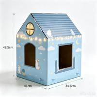 Maison pour chat en carton ondulé avec revêtement UV, personnalisable, en forme de maison de dessin animé, pliable, boîte de retraite pour animaux de compagnie, résistante aux rayures, recyclable