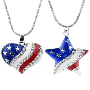 Kalung Perhiasan Bintang Hati Bendera Liontin Rantai Kristal Amerika Kemerdekaan Amerika Serikat Bendera Nasional Desainer Liontin Kalung
