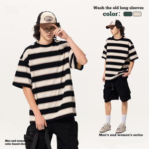 جودة عالية OEM مخصص الرجال عارضة مخطط القطن الثقيل تي شيرت عالية الشارع خمر جولة الرقبة تي شيرت للجانبين - Product Image 3