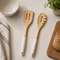 Spatule de cuisine en bois et cuillère à pâtes, ensemble de 2 pièces, résistant aux hautes températures, outils de cuisine écologiques avec trou de suspension pour usage domestique