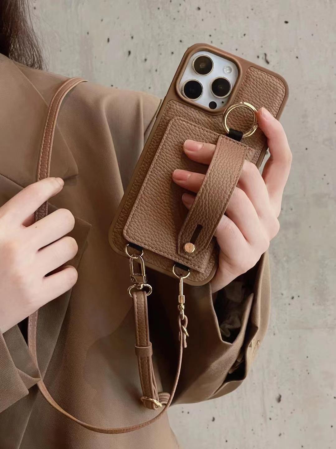 Brown-Étui de téléphone de sac de carte de PU avec la lanière