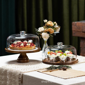Plateau à gâteau en bois avec couvercle en verre, plateau rond pour desserts et pains, pour la présentation de petits gâteaux lors de fêtes - Product Image 1