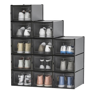 12 Pack Shoe Organizer Boxes, Black <strong>Plastic</strong> Stackable Shoe <strong>Storage</strong> <strong>Bins</strong> for Closet Stackable Shoe Box - Product Image 3