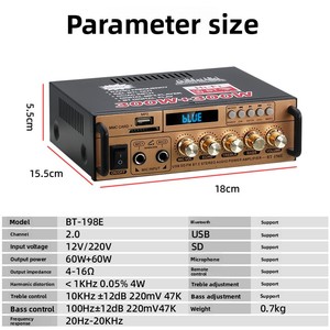 Усилитель BT-198E для монофонических мини-колонок, усилитель мощности с USB-приемником, слот для карты памяти, 12В/220В, производство Китай - Product Image 2