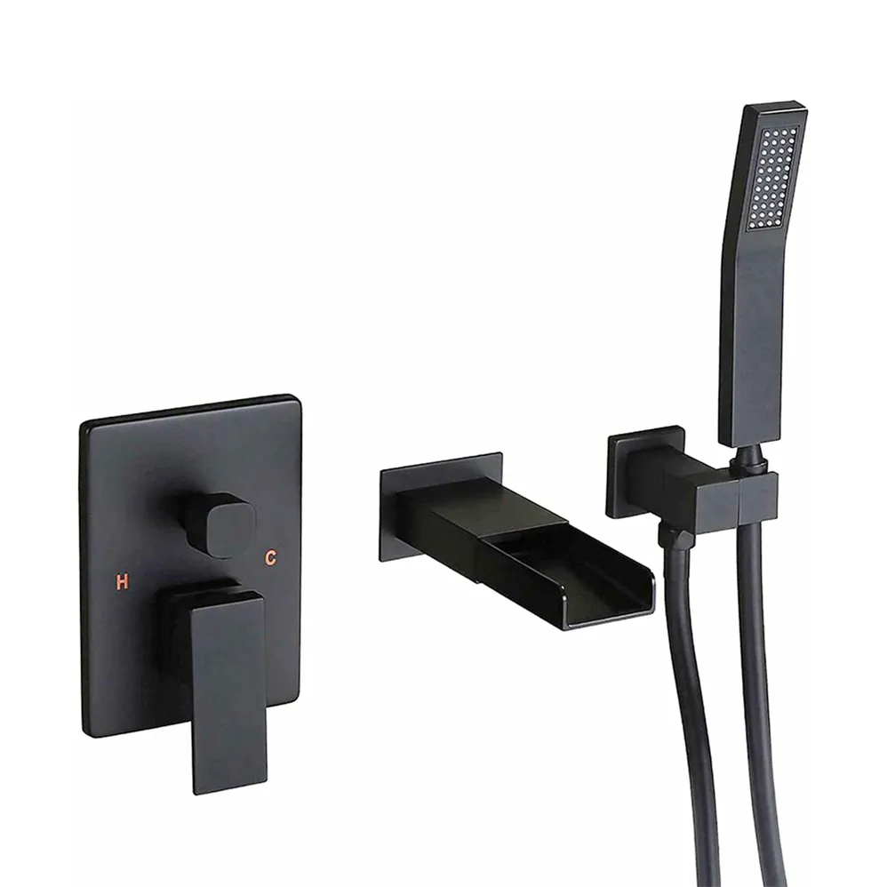 Unique Waterfall Series Hot Cold Water Supply Wall Mounted Single Handle Matt Black Finish Brass In-wall Bath Shower Tap