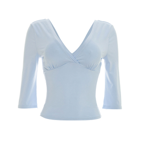 Viviblook C26TP140 T-shirt décontracté pour femme, couleur unie, col en V, crop top pour femmes - Product Image 4