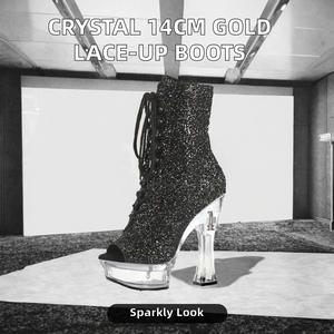 Botines Cortos de Tacón Grueso de Cristal de 14 cm con Cordones Delanteros Dorados, Zapatos de Tacón Alto para Otoño, Ideales para Desfiles de Moda - Product Image 2