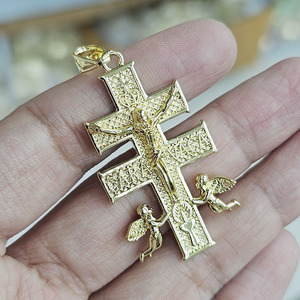 CZ9301 Crucifix rétro épais plaqué or 18 carats avec des anges, Caravaca De <span class=keywords><strong>La</strong></span> <span class=keywords><strong>Cruz</strong></span>, double croix, crucifix de Jésus avec pendentif d'anges - Product Image 5