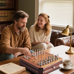 12 "مجموعة شطرنج خشبية مع درجين تخزين: قطع معدنية بالأسى ، 2 ملكان إضافيتان لعبة سطح المكتب الرجعية للبالغين والمبتدئين - Product Image 6